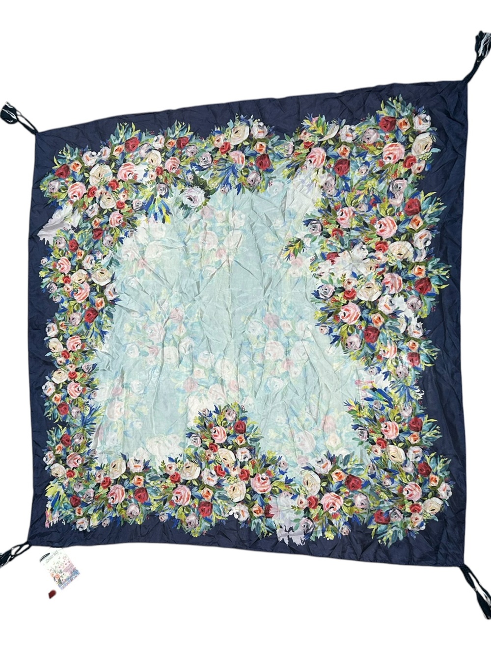 Johnny Was Silk Floral Scarf Blue Tassels Boho Cottagecore。